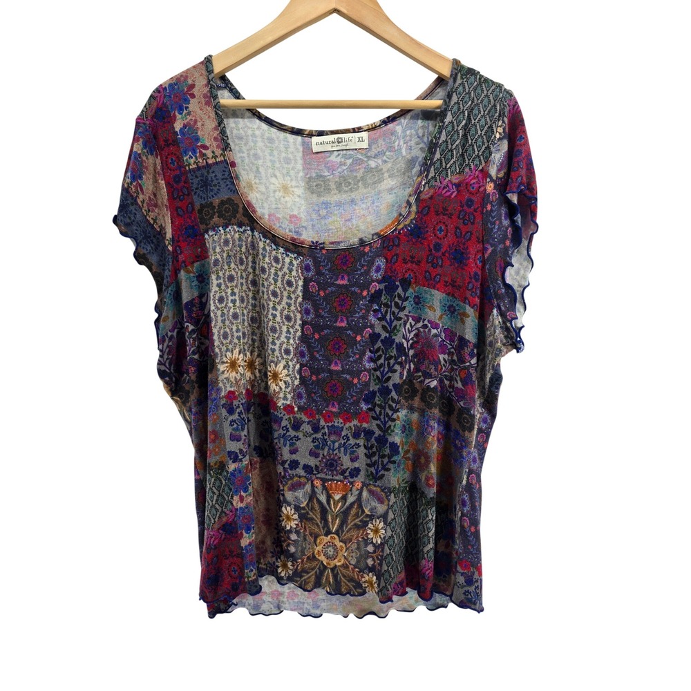 Natural Life Top Womens XL Patchwork Multicolor Lettuce Trim EUC